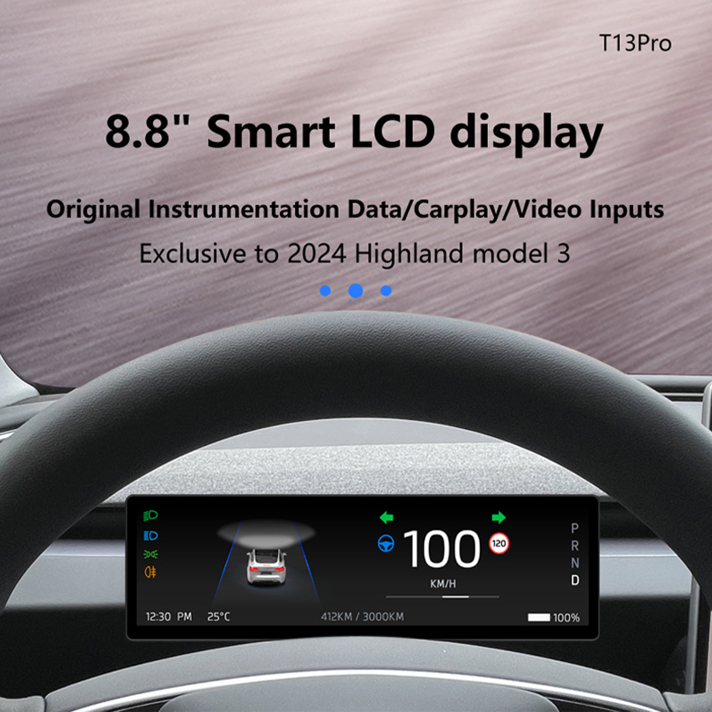 TAPTES® CarPlay Dashboard Heads-Up Touch Display Upgrade T13 8.8-inch for 2024 Tesla Model 3 Highland