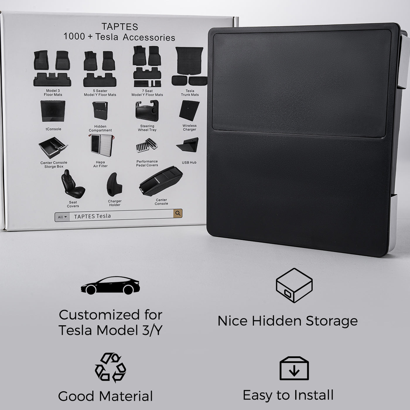TAPTES® Hidden Armrest Storage Box for Tesla Model 3 Model Y 2017-2025