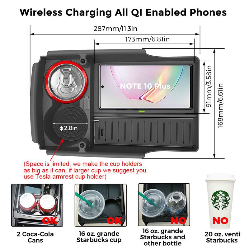 TAPTES T-Box Wireless Phone Charging Organizer with Cup Holder for Tesla Model S X